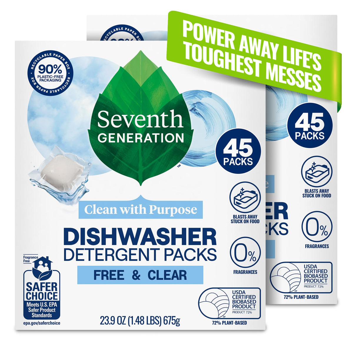 Seventh Generation Dishwasher Detergent Packs, Free & Clear, 45 Ct, 2 Pack