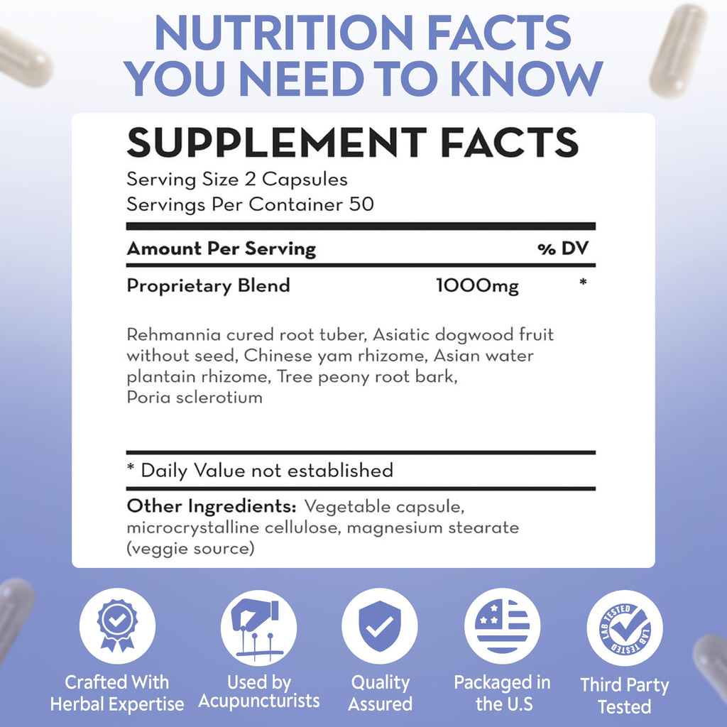D’AO Labs Six Ingredient Pill with Rehmannia - Liu Wei Di Huang Wan - Herbal Capsules. 100 Capsules.