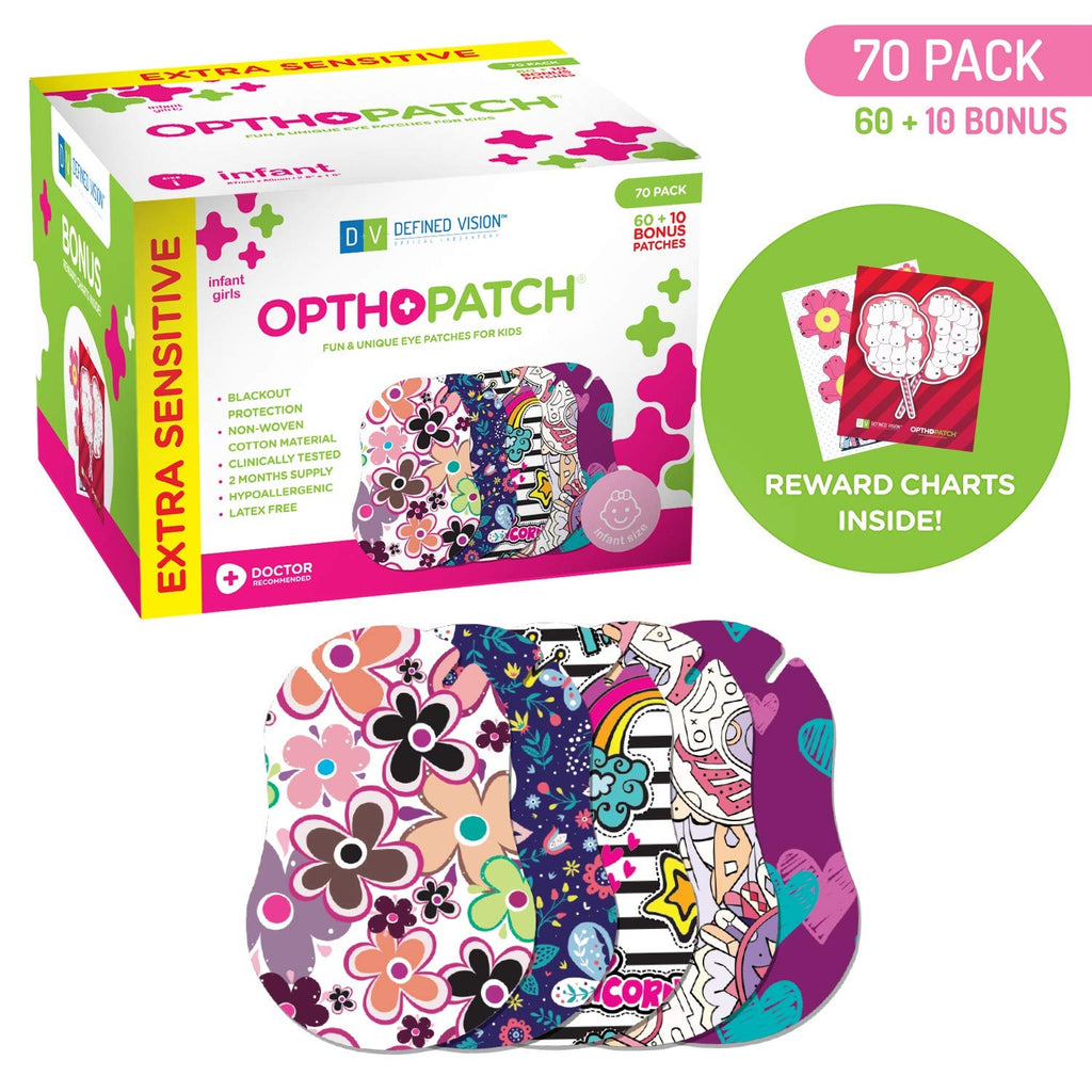 Opthopatch Eye Patches for Infants - Extra Sensitive Adhesive - Girls' Design [Series I] - 70 Count + 2 Reward Charts
