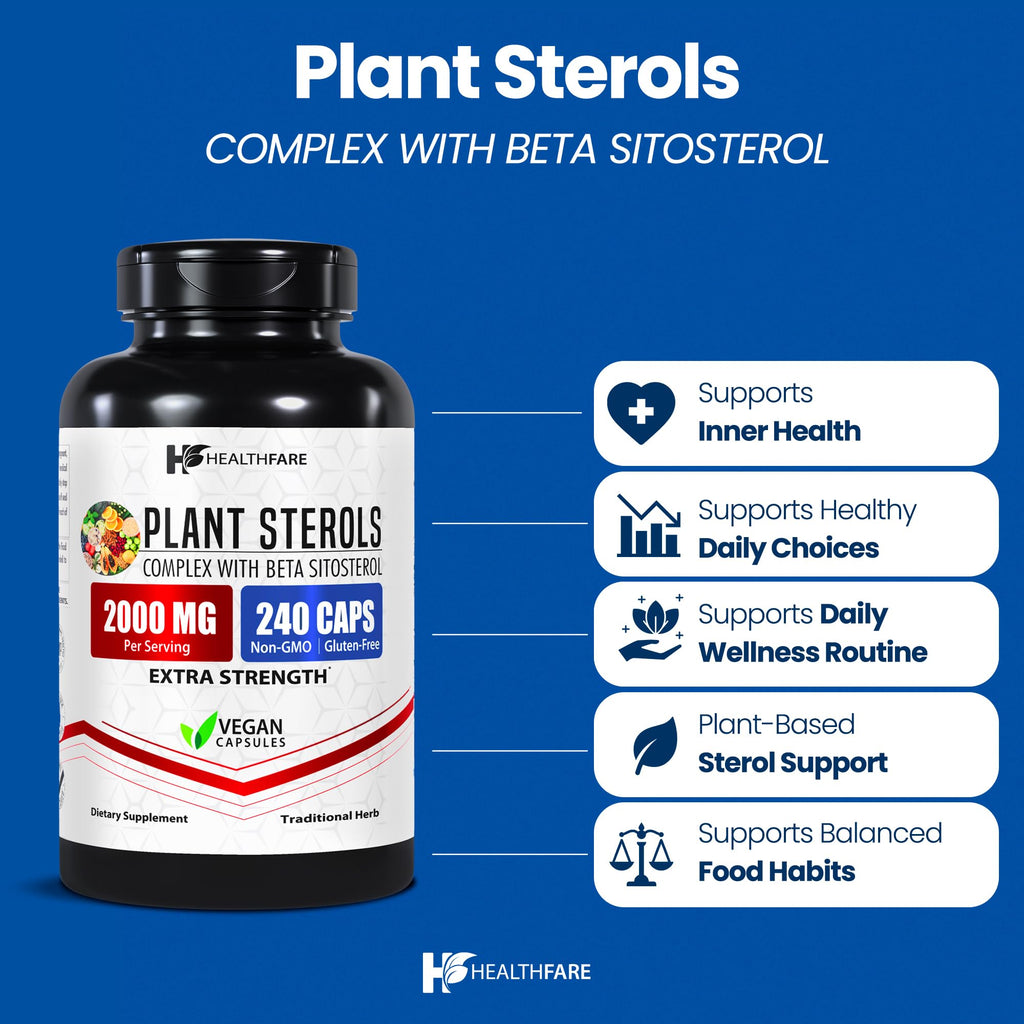 Healthfare Plant Sterols Capsules 2000mg | 240 Vegan Capsules | Beta Sitosterol & Phytosterol Complex | Plant-Based Supplement | Non-GMO & Gluten-Free | Made in The USA
