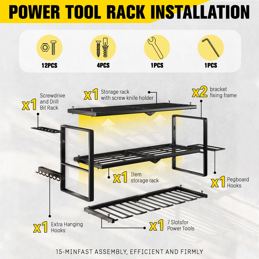 Hipidian Power Tool Organizer Wall Mount- 300lb Capacity 3-Tier Storage Rack with 7 Drill Holders for Garage Tools, Best Birthday Tools Gifts for Men Dad Husband