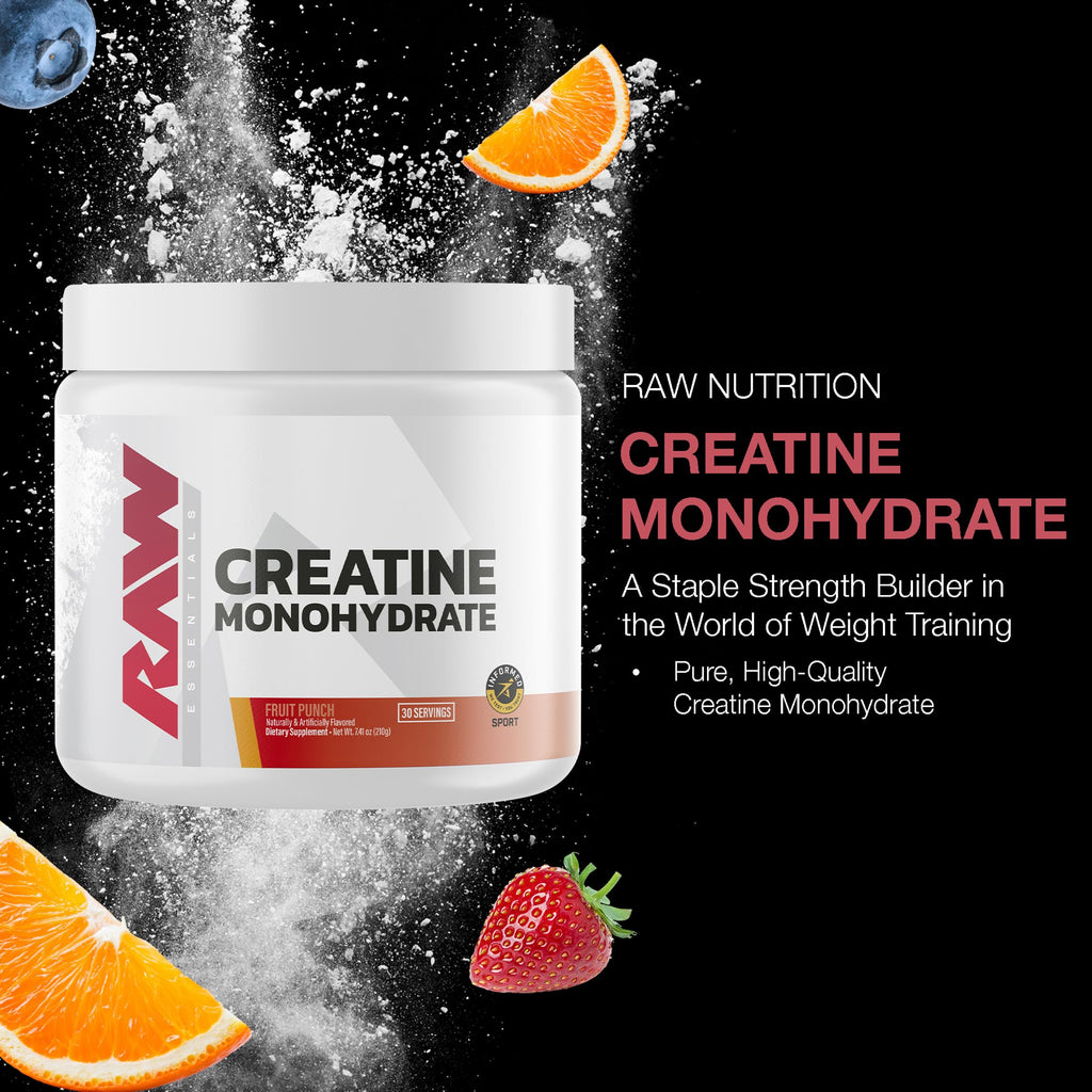 RAW Nutrition Creatine Monohydrate Powder, Fruit Punch (30 Servings) - Micronized Creatine Monohydrate Supplement for Workout Performance, Build Muscle & Strength - Creatine Powder for Men & Women