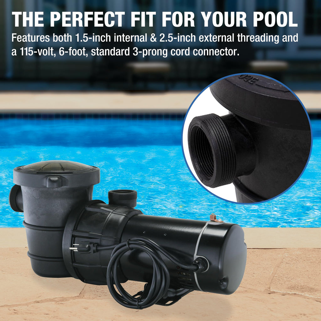 Doheny's 1 HP Above Ground Swimming Pool Pump | 115V, 75 GPM (0.9 THP) | Stainless Steel Shaft, Reinforced Thermoplastic, Low-Noise, High-Efficiency | 1.5" Internal & 2.5" External Threading