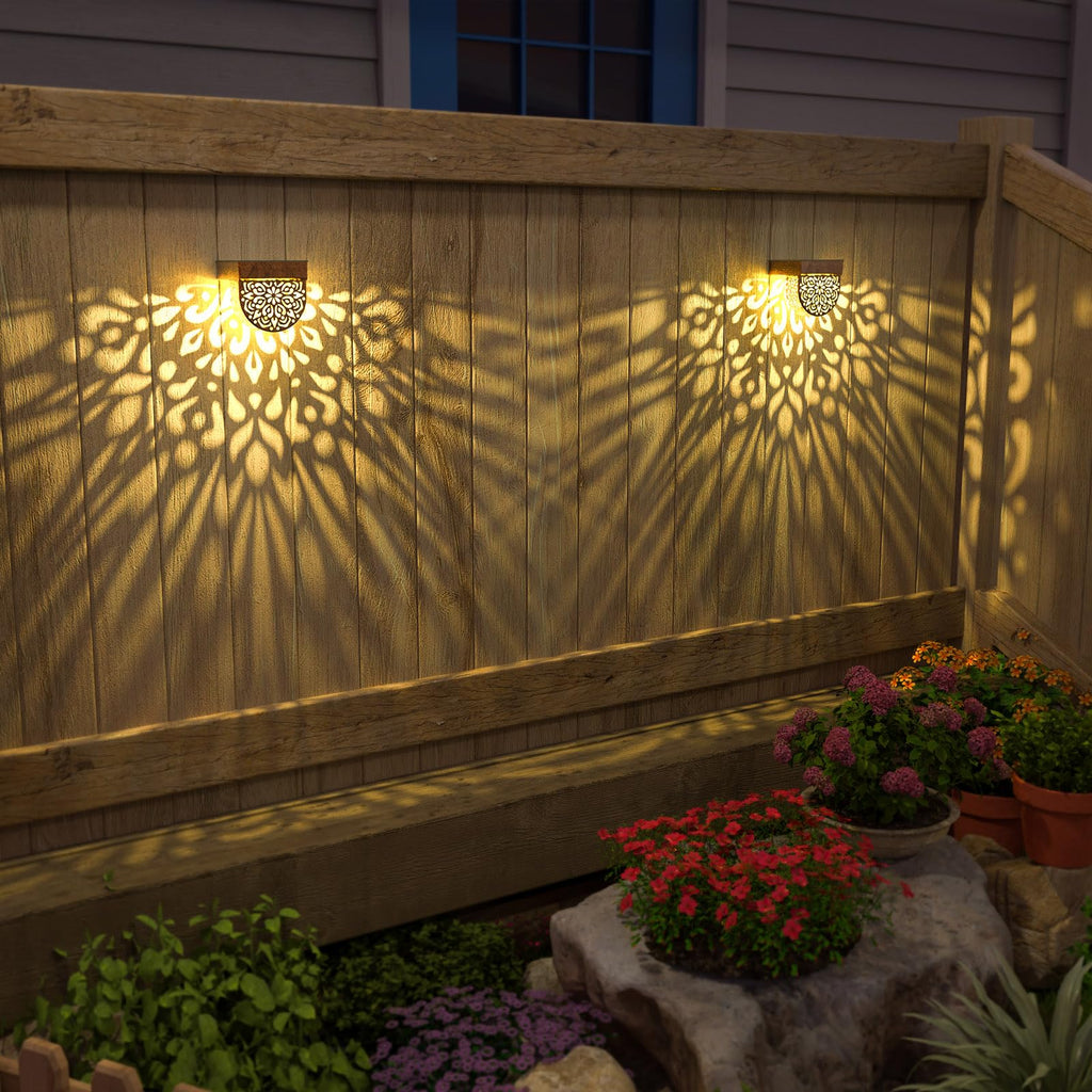 EKQ Solar Fence Lights 6 Pack Solar Step Lights Outdoor Waterproof LED Solar Powered Wall Lights Outdoor Decorations Warm Yellow Light Decorative Lighting for, Front Door, Backyard (Gold)