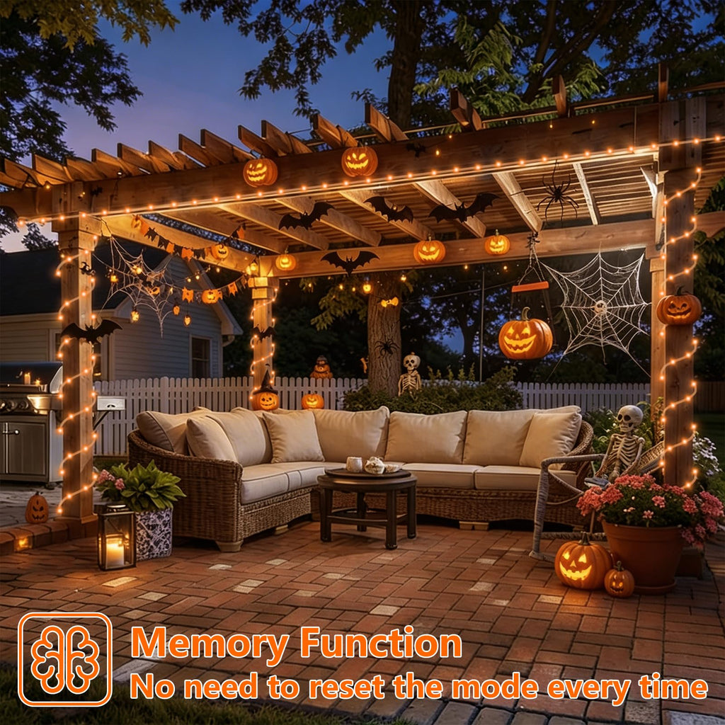 YEGUO Solar Halloween Lights, 2 Packs Each 33ft 100 LED String Lights Outdoor Waterproof, 8 Modes Fairy Lights in Clear Thin Tube for Camping Fence Patio Garden Trampoline Deck(Orange)
