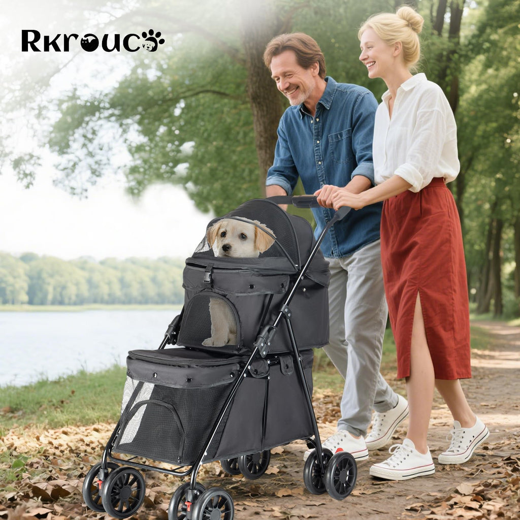 Double Pet Stroller for Medium Small Dogs and Cats with 2 Carriage, Durable Universal Wheels with Brakes Lightweight One Hand Foldale Kittens Puppies Travel Strolling Cart (Black)