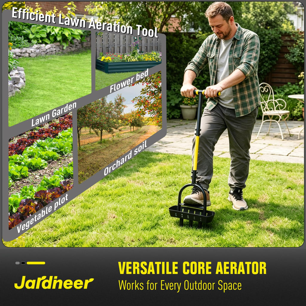 Jardineer Lawn Aerator Coring Tool with Soil Core Tray, Core Aerator with 4" Deep Plugs and Wider Foot Pedal, Manual Grass Plug Aeration Tool for Compacted Soil, Improving Lawn Health