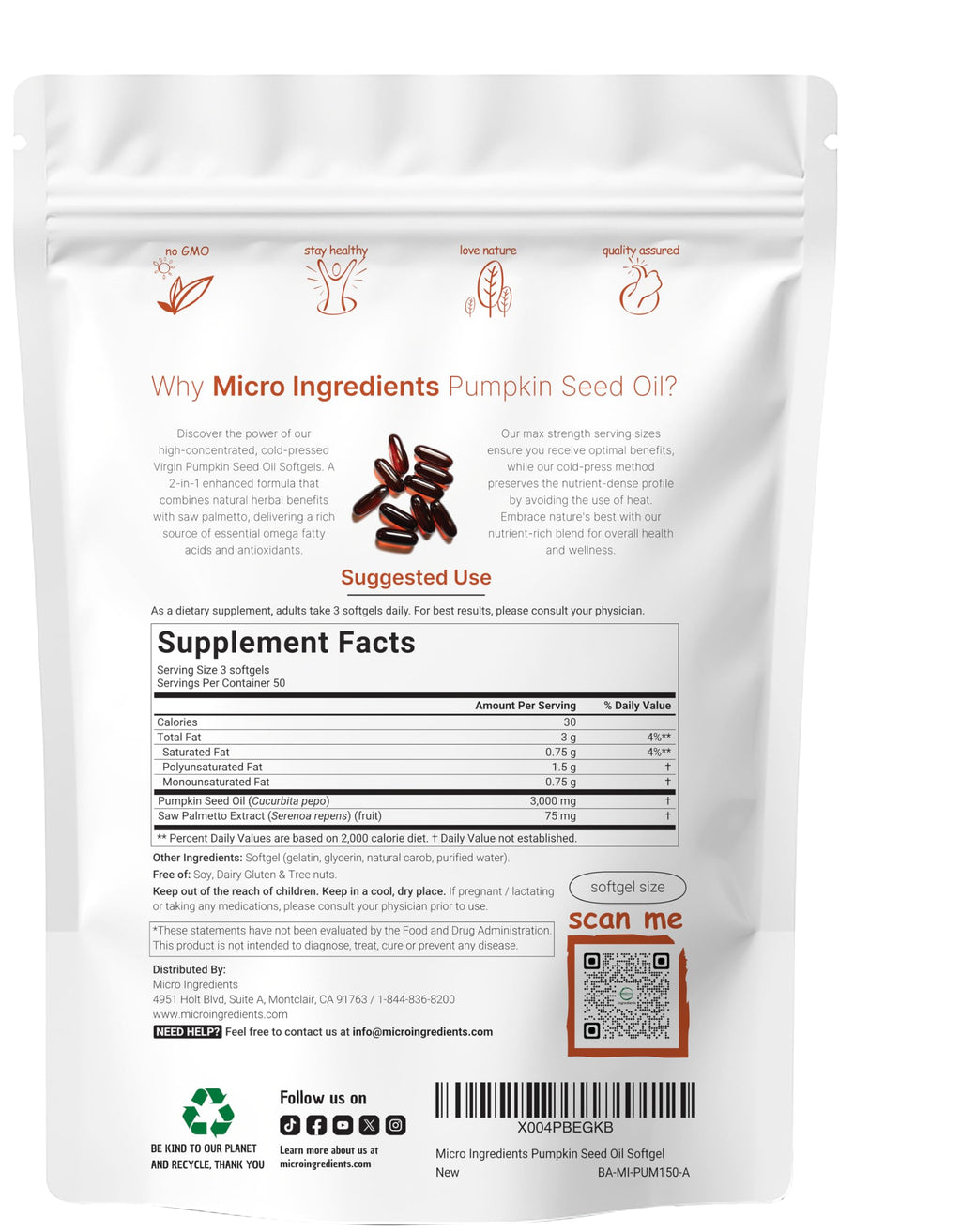 Micro Ingredients Pumpkin Seed Oil with Saw Palmetto, 150 Softgels | Cold Pressed, Pure Virgin Oil, Essential Fatty Acids, & Phytosterols | Non-GMO