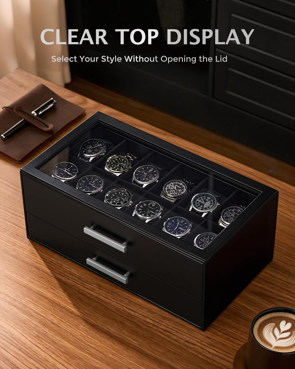ProCase 12-Slot Watch Case for Men, 2-Tier Pull-Out Drawers Box -Black