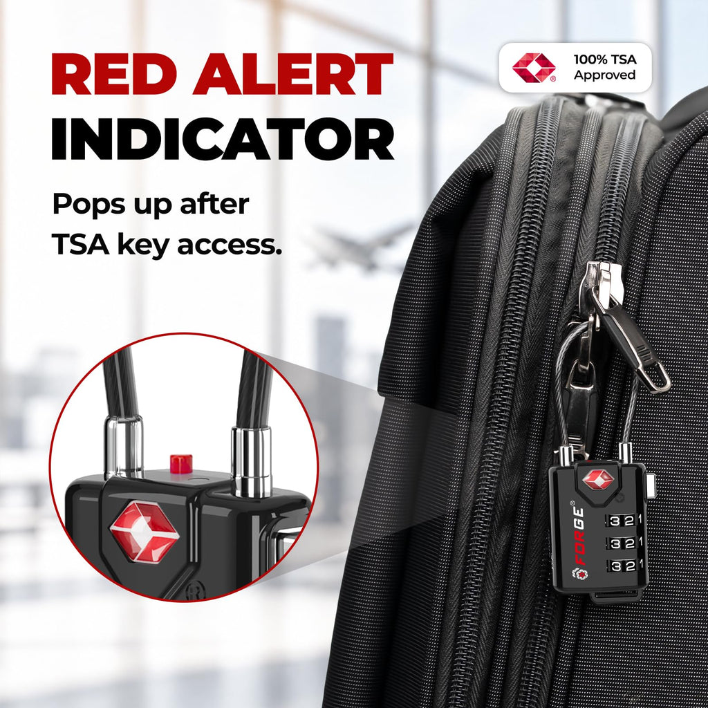 Forge TSA Approved Luggage Locks, Open Alert Cable Lock, Black, 4 Pack