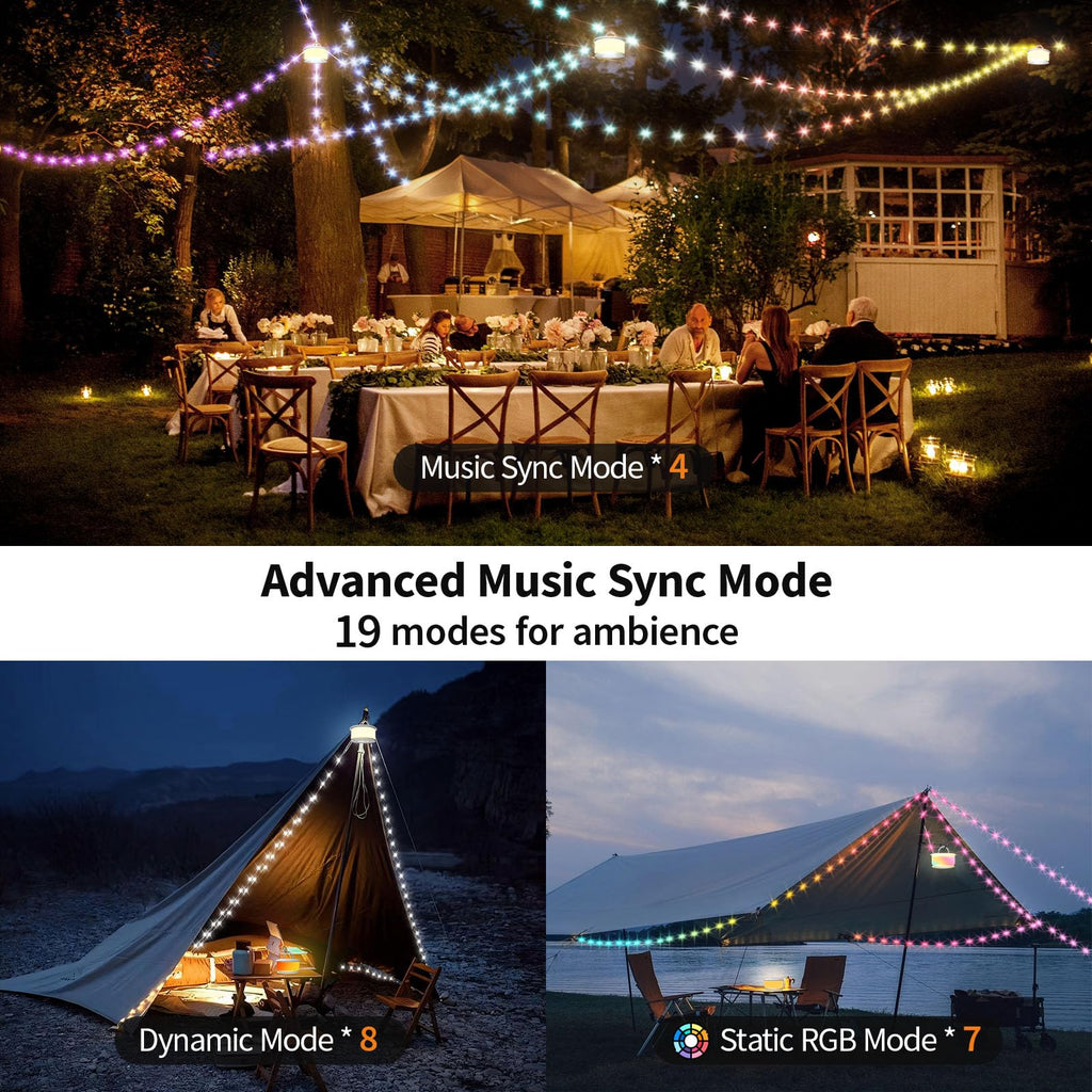 TOHETO 2-Pack Camping String Lights, 3 in 1 Upgraded Retractable RGB Outdoor String Lights with 19 Lighting Modes, Quick 30s Recovery, 32.8 FT Portable Tent Light, Rechargeable Camping Lantern (White)