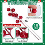 60 Pcs Christmas Artificial Pine Branches Red Berry Stems Faux Xmas Sprigs