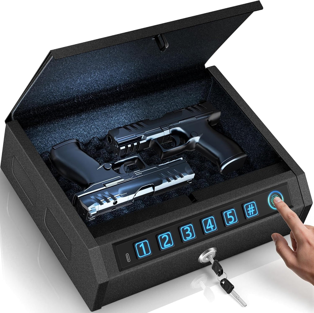 Gun Safe for Handgun, Biometric Handgun Safe with Drop Slot Quick Access with Stealth Mode, 3-Way Unlock Fingerprint Digital PIN Key Pistol Safe, Handgun Safe Lock Box with Carbon Steel Cable for Car
