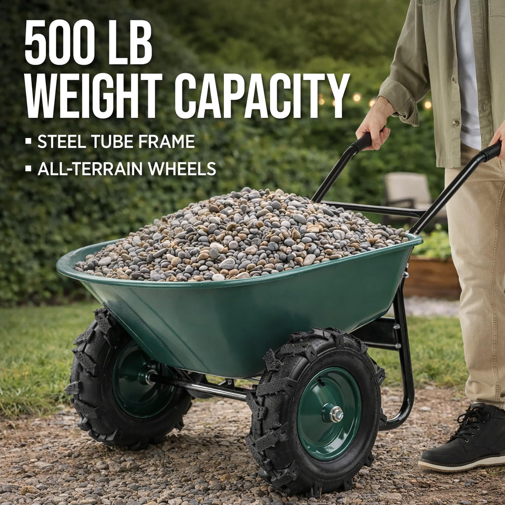 Best Choice Products Dual-Wheel Wheelbarrow Garden Cart - 500 lb Capacity, Extra-Large Wheels, Built-in Stand, for Yard, Garden & Landscaping - Green