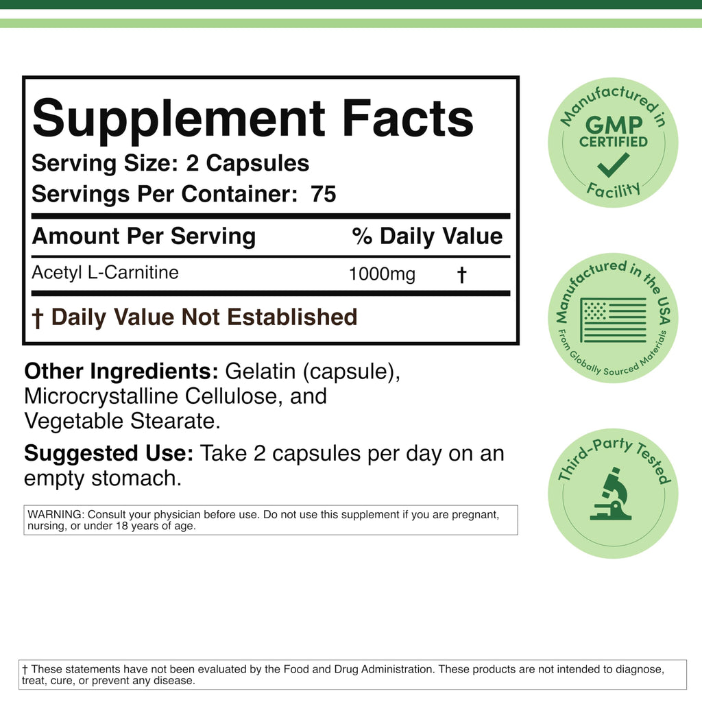 Acetyl L-Carnitine 1,000mg Per Serving, 150 Capsules (ALCAR for Brain Function Support, Memory, Attention, and Stamina) Acetyl L Carnitine That is Third Party Tested by Double Wood (Pack of 2)