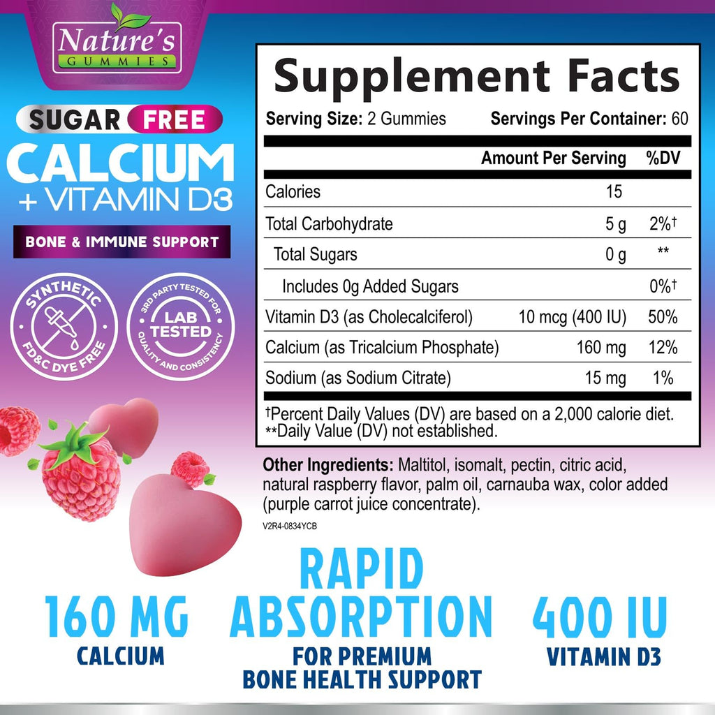 Calcium Supplement Gummies - Sugar Free Calcium Gummy with Vitamin D3 for Best Absorption - Supports Immune Health, Bones & Teeth - Nature's Calcium Chews for Women & Men - Berry Flavor - 120 Gummies