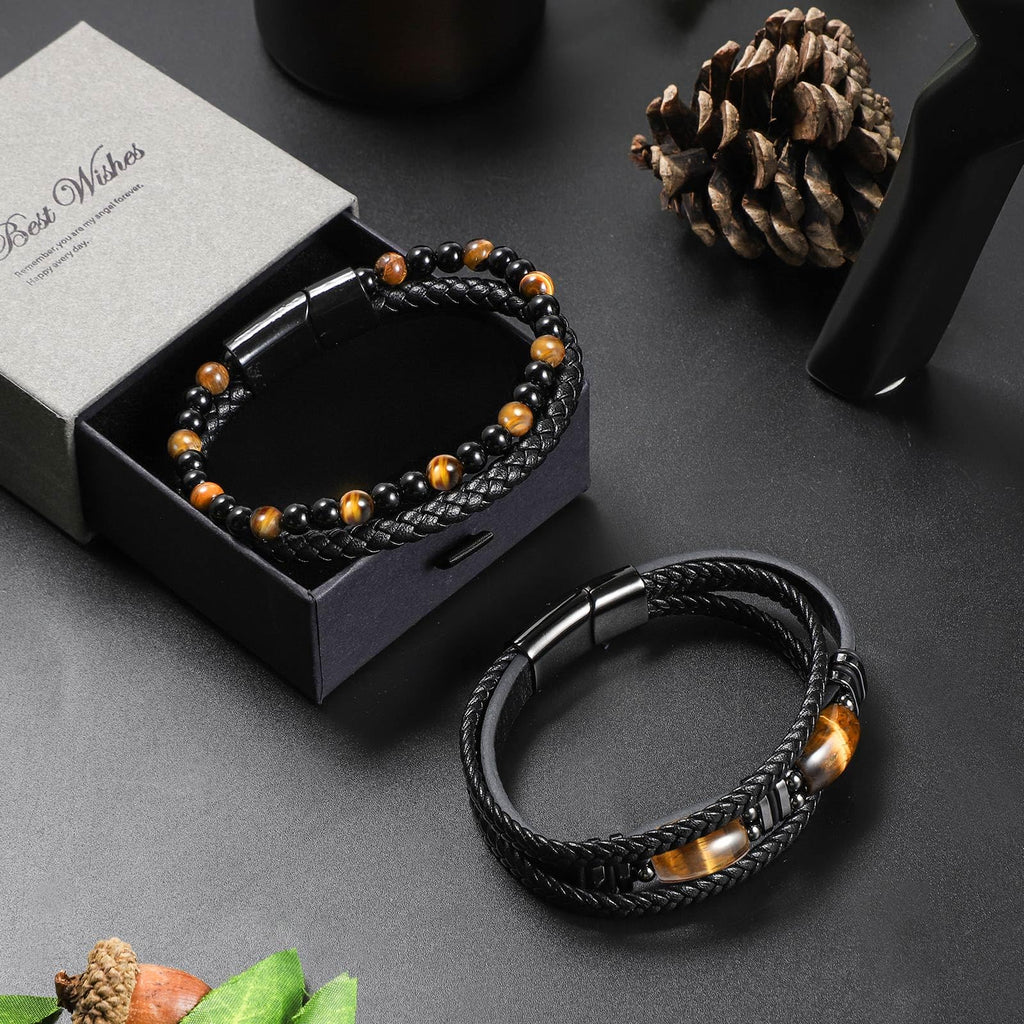 Enjoy Risingsun Tiger Eye Black Leather Bracelet Men Natural Tiger Eye Gemstone Crystal Stone Jewelry Handmade Courage And Stress Relief Protection Bracelet