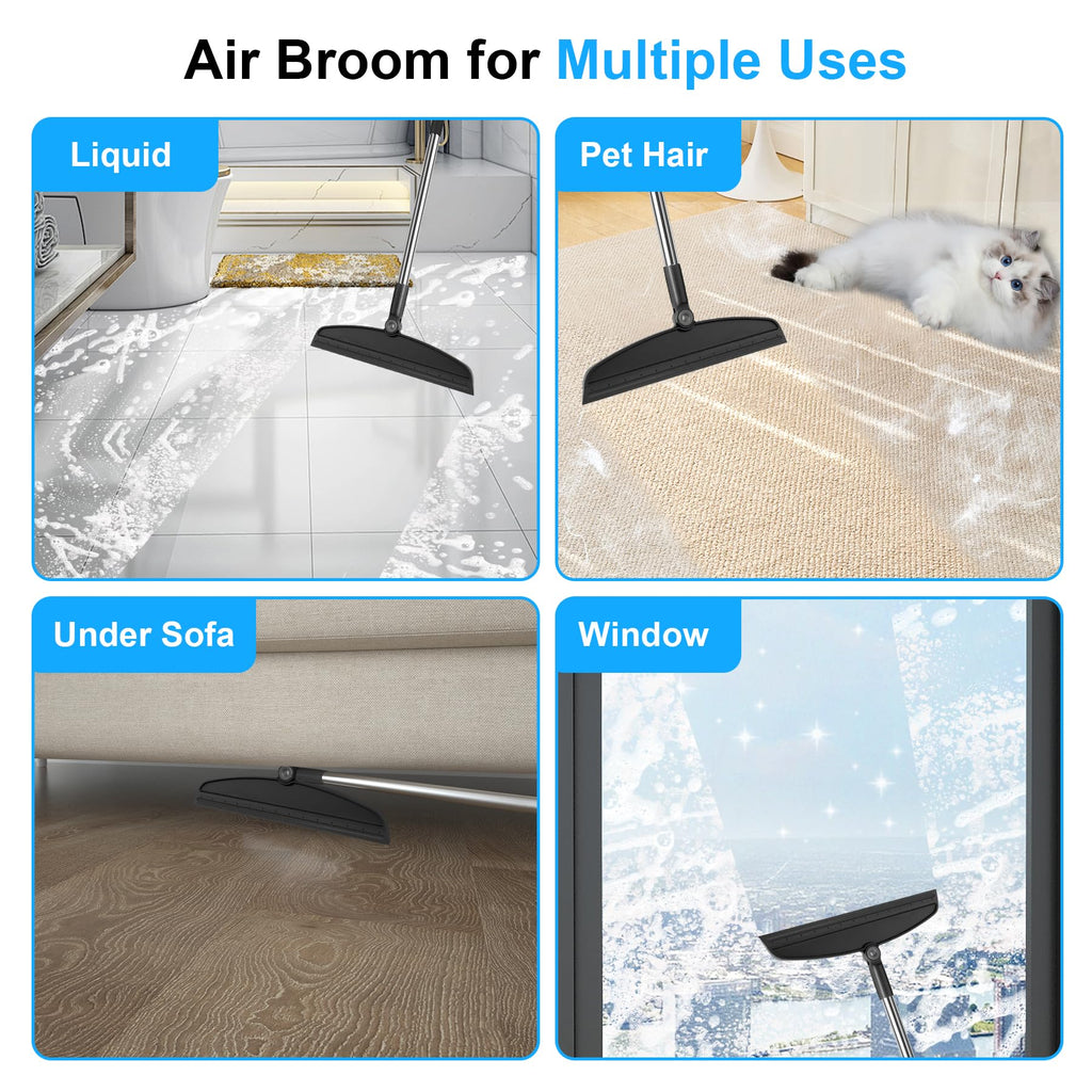 UDUK Broom with Dustpan Combo Set and Silicone Air Broom Kit, 51" Long Handle Floor Squeegee, Black Household Kit for Glass Window Rugs Pet Hair Home