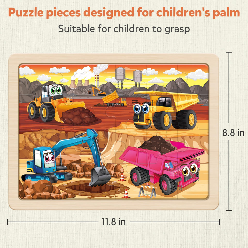 SYNARRY Large Wooden Construction Vehicle Puzzles for Kids Ages 4-6