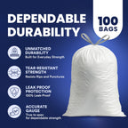 Plasticplace 8 Gallon Trash Bags: Premium White Drawstring Garbage Bag, 0.7 Mil Thickness, Durable Trash Can Liners, Garbage Bags for your Trash Can, Ring Size 22" x 22" (Pack of 100)
