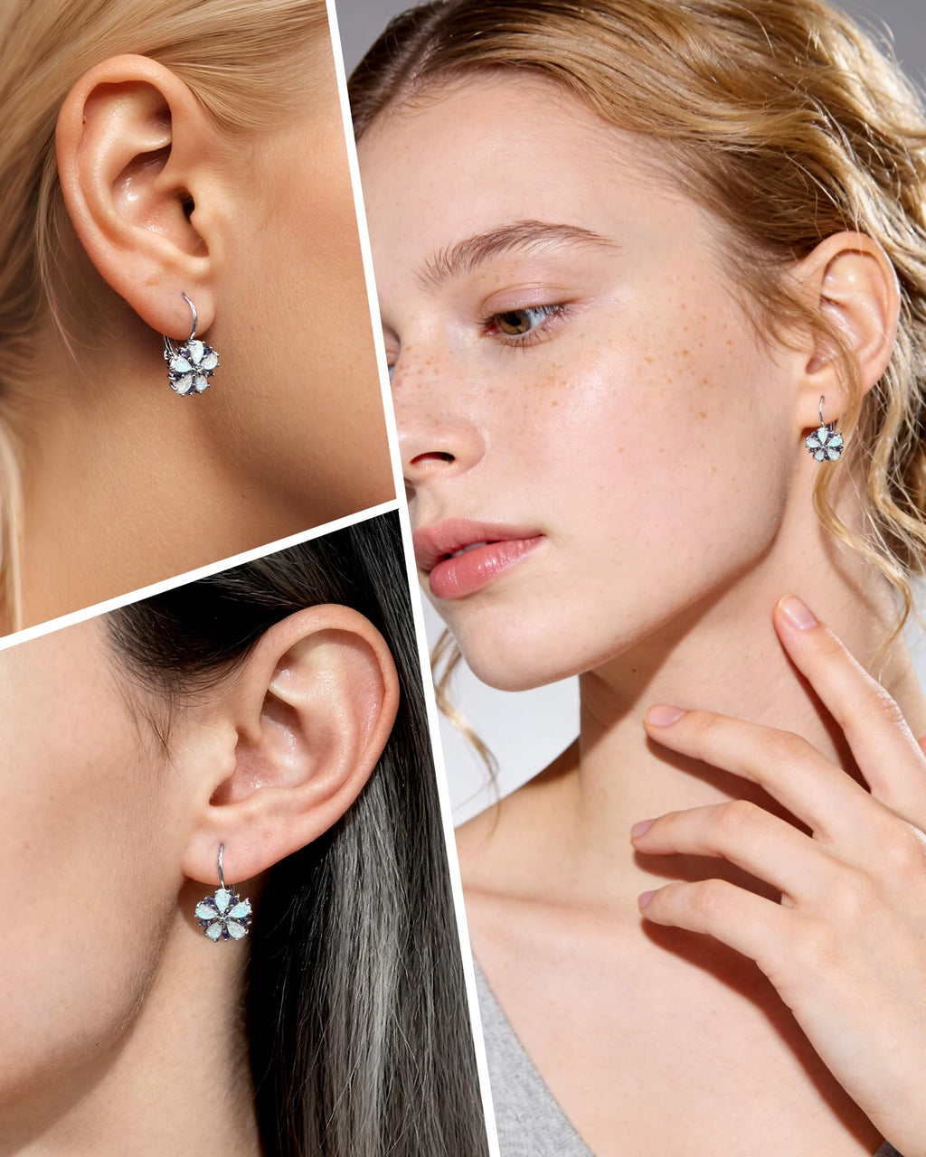 Elaximn Vintage Silver Flower Opal Earrings