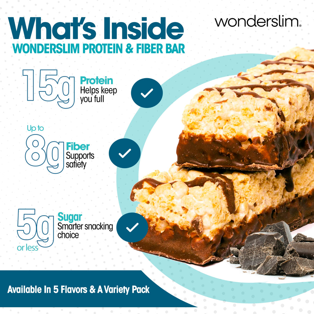Wonderslim High Fiber Protein Bars, Fluffy S'more Crisp | 15g Protein, 8g Fiber | Low Sugar, Low Carb | Healthy Indulgence | Satisfying, Supports Energy & On-the-Go Convenience, 7 Pack