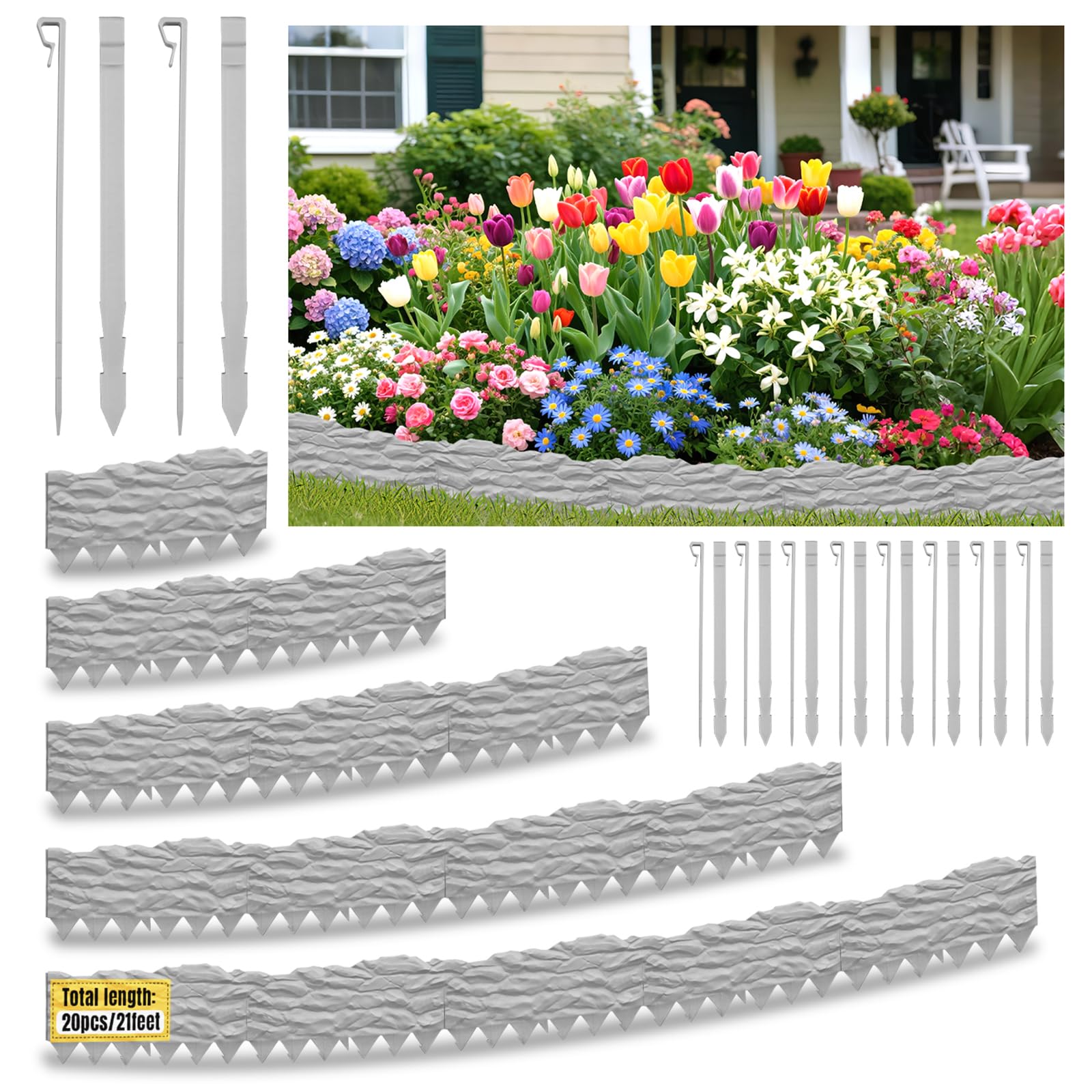 20-Pack No Dig Garden Edging Borders,20FT Plastic Lawn Edging