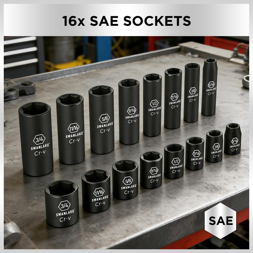 SWANLAKE 3/8'' Drive Impact Socket Set, 50-Piece Standard SAE (5/16 to 3/4 inch) and Metric (8-22mm) Size, 6 Point, Cr-V, 3/8-Inch Ratchet Handle, Extension Bar, Universal Joint