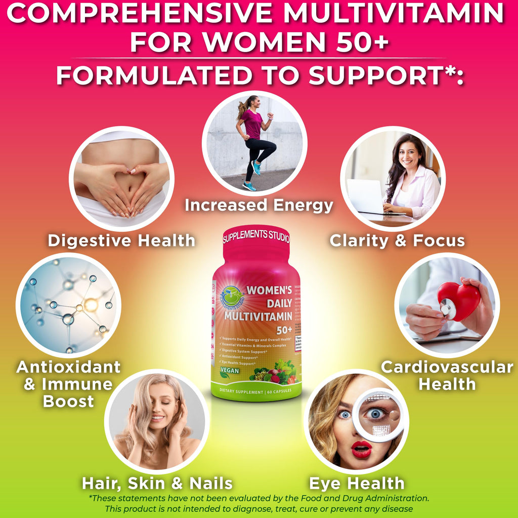 Women's Daily Multivitamin 50 Plus - Vegan Methylated Multivitamin for Women 50 and Over with Biotin, Organic Superfoods & Lutein - Eye, Energy, Gut & Optimal Health Support - Easy to Swallow Capsules