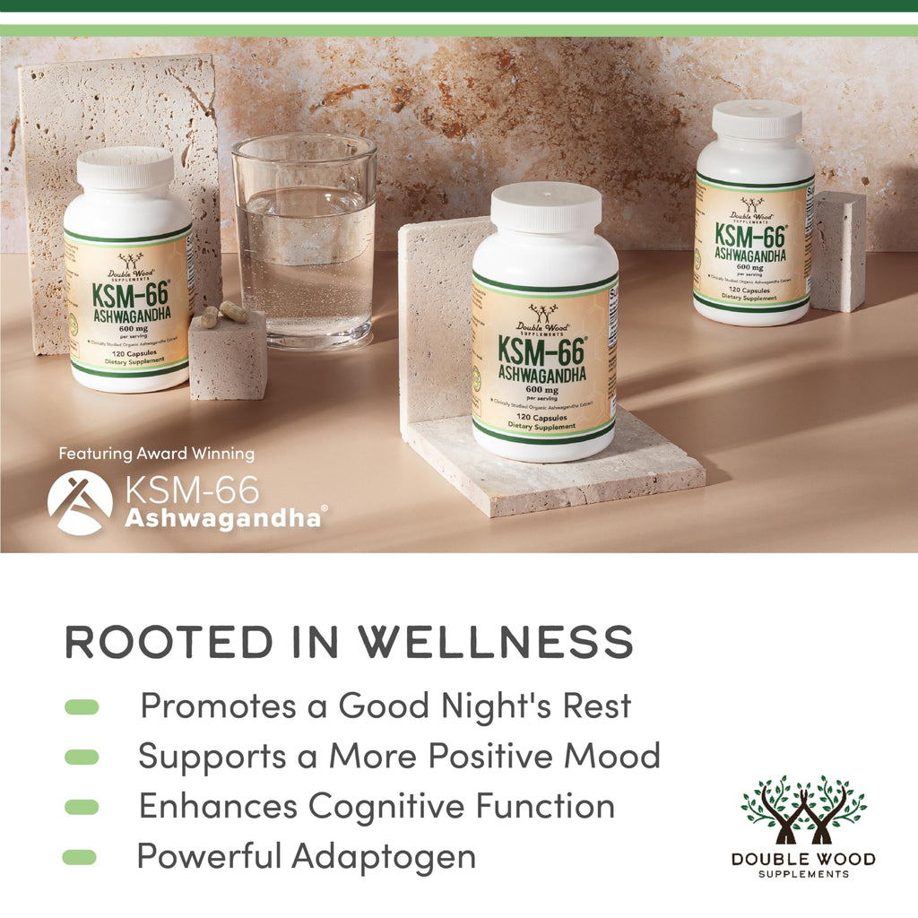 Double Wood Supplements Ashwagandha KSM 66 Organic and Clinically Studied Extract (600mg Per Serving, 120 Capsules, 60 Servings) Adaptogen Cortisol Manager for Women and Men