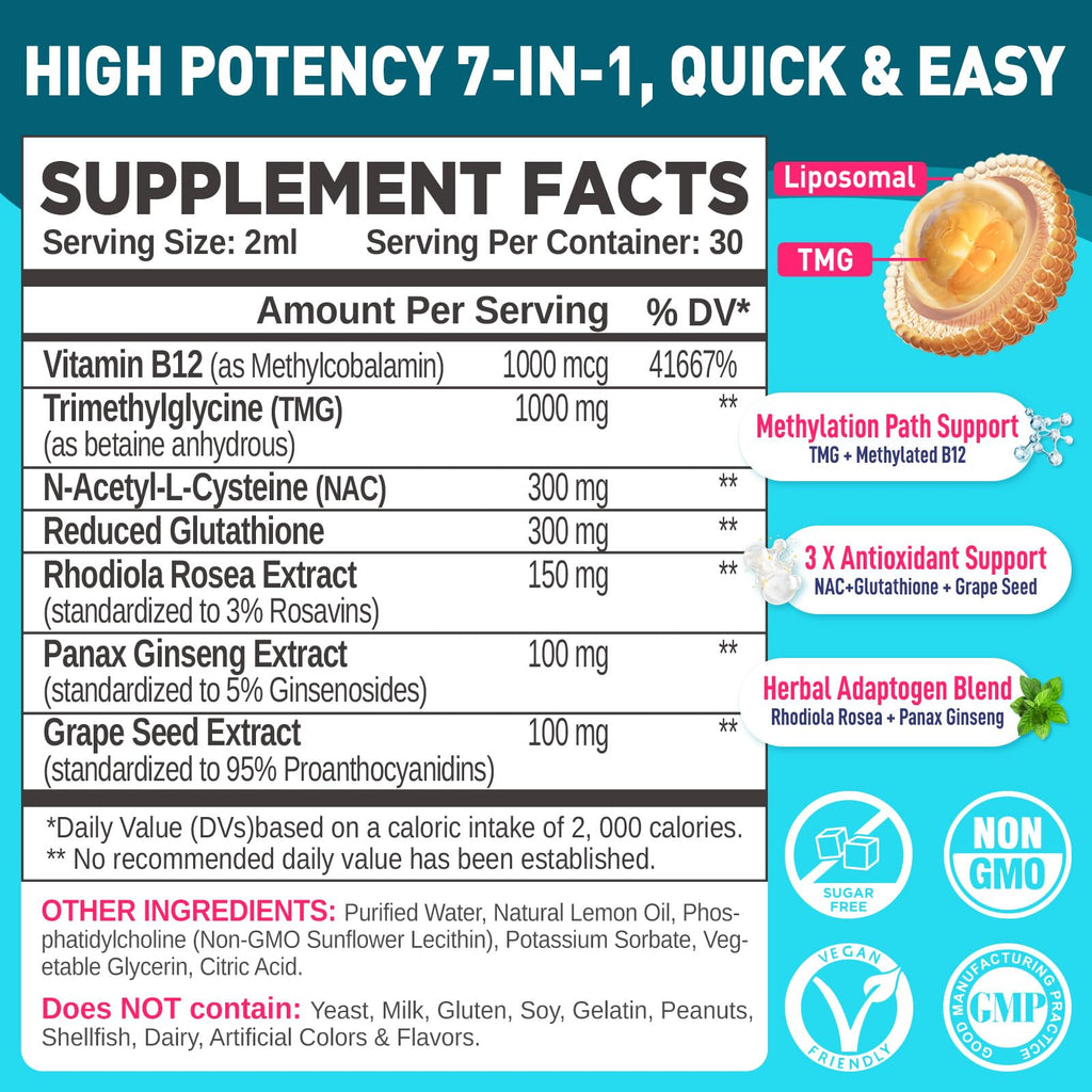 HOLLEGEND Liposomal TMG Supplements Liquid Drops, 1000mg Trimethylglycine as Betaine Anhydrous for Methylation, Antioxidant & Brain & Liver Health, High Absorption, Non-GMO, Vegan, Blueberry, 2 FL Oz