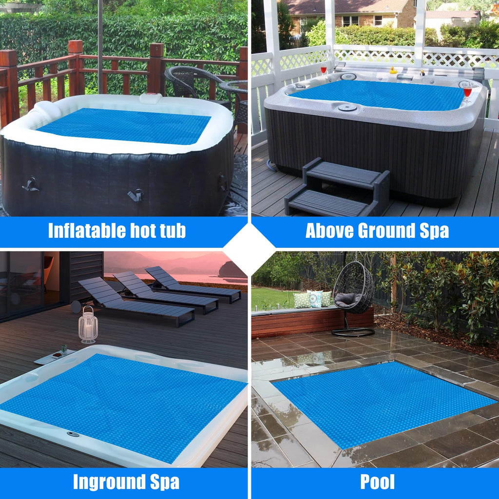 Kakolvan Solar Bubble Hot Tub Spa Cover for 6 x 6 FT Square Inflatable Swimming Pool Blanket Thermal Floating Insulation 16 Mil Bubble Solar Covers for Indoor Outdoor Spa Hot Tub Wrap Covers