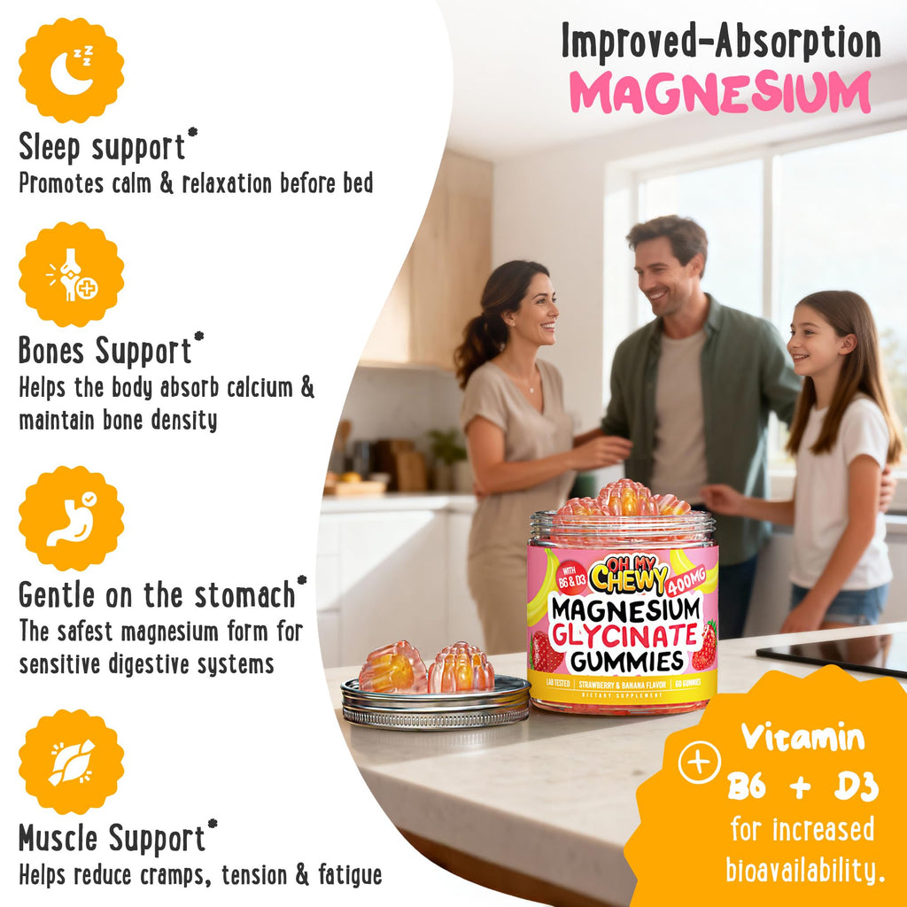 Center-Filled Magnesium Glycinate Gummies 400MG - High Absorption for Kids, Teens & Adults - Supplement for Sleep, Calm & Muscle Relaxation with B6 & D3 - Gluten Free & Vegan Friendly - 60 Count