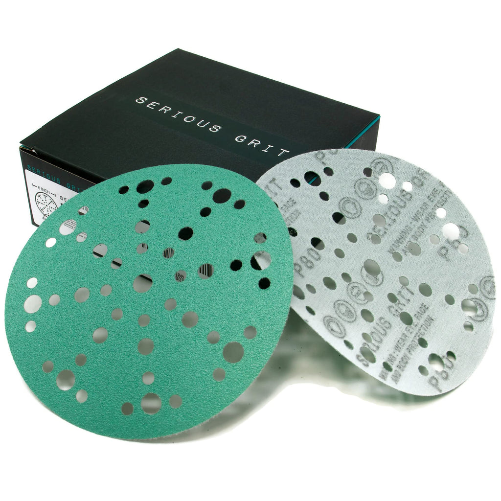 Serious Grit - 6-Inch 49-Hole 80 Grit Sanding Discs - Heavy-Duty Hook & Loop Film Discs - Sandpaper for Random Orbital Sanders - 50 Pack Box