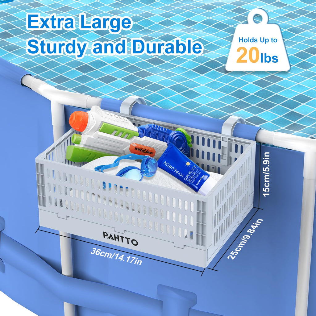PAHTTO Poolside Storage Basket, Foldable Above Ground Pool Storage Basket for Pool Toys, Towels, Beverages, Poolside Organizer, Pool Accessories for Above Ground Swimming Pool (1 Pack- Gray)