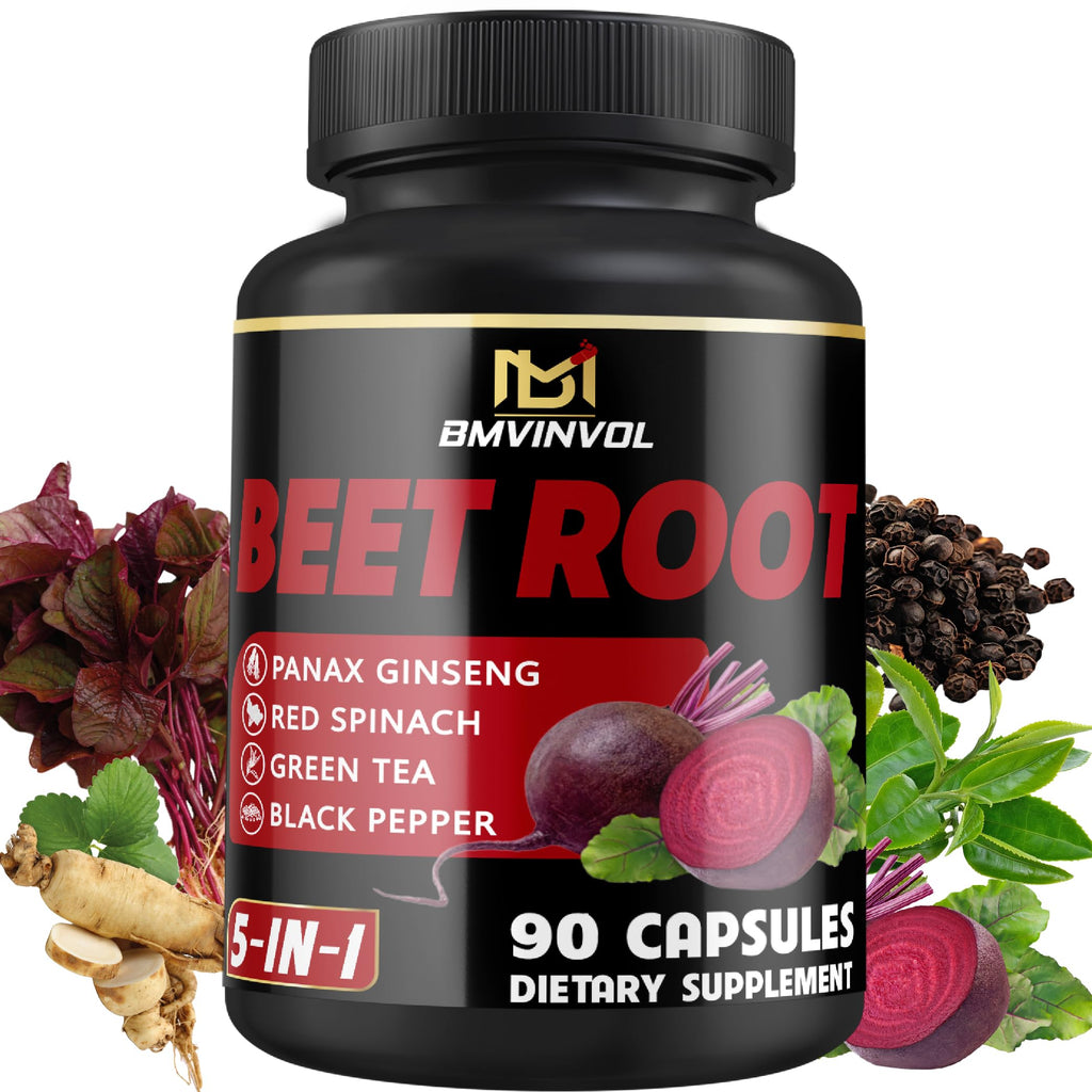 BMVINVOL Beet Root Capsules - Green Tea, Red Spinach, Ginseng, Black Pepper - 90 Count- 3 Month Supply