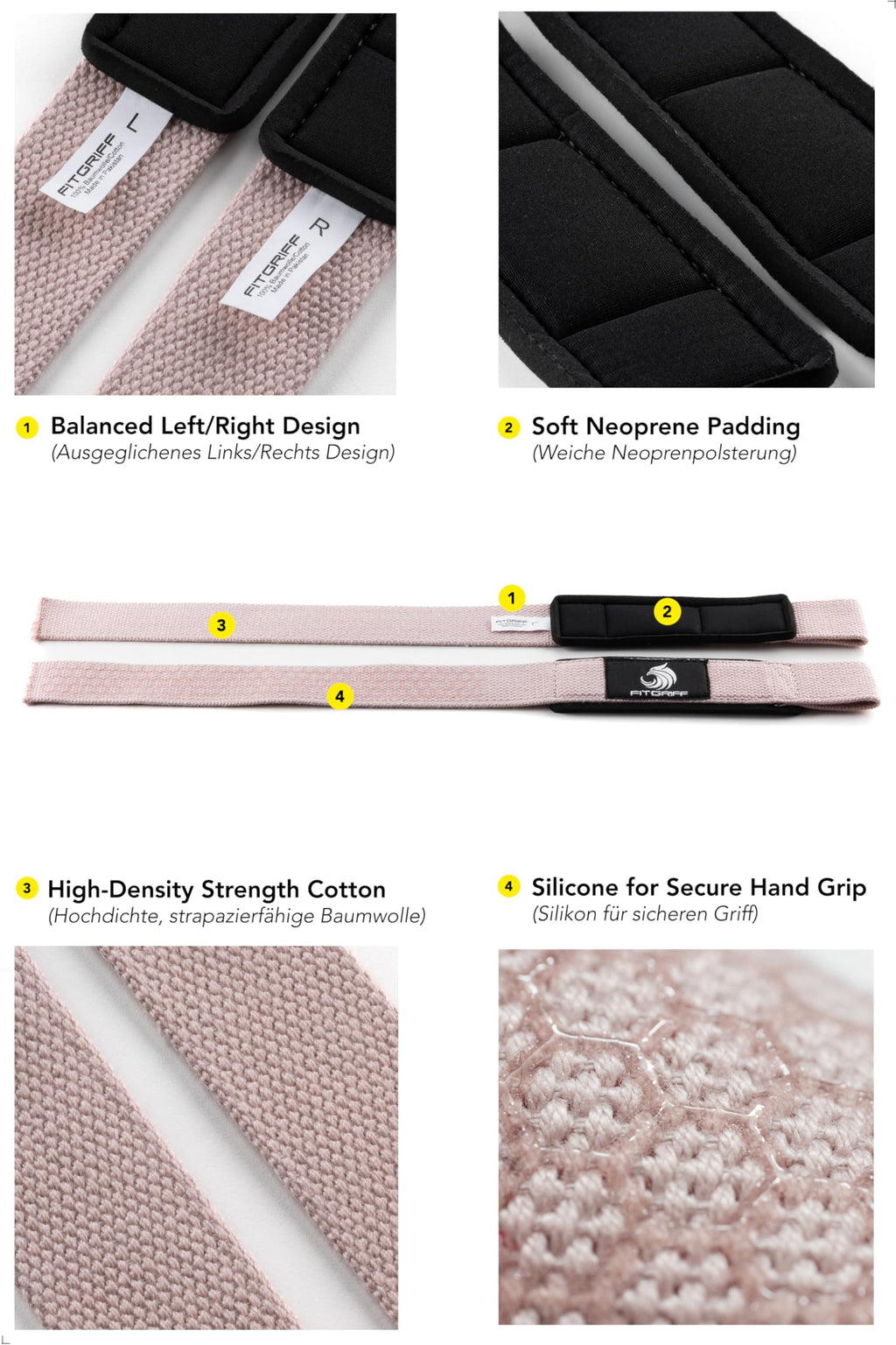Fitgriff�� Lifting Wrist Straps for Weightlifting, Gym, Deadlift, Workout (Made of Premium Cotton & Padded) - Men & Women (XS, Blush Pink (Silicone-Grip))