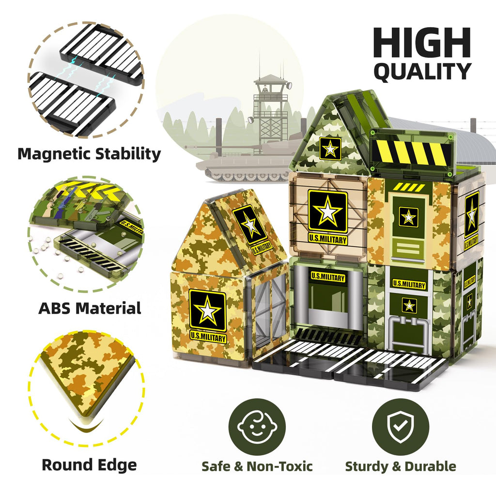 GobiDex Magnetic Tiles Army Toys, STEM Military Magnetic Building Blocks for Toddler Kids Ages 3-5 4-8, Magnet Construction Toys Birthday Gifts for 3+ Year Old Boys & Girls Army Men Playset