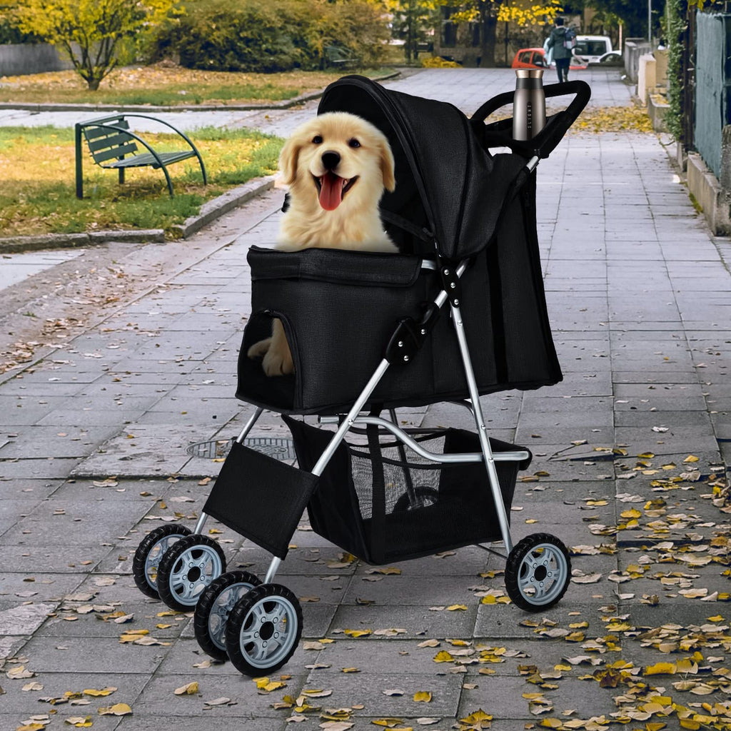 BestPet Pet Stroller Dog Cat Jogger Stroller for Medium Small Dogs Cats Folding Lightweight Travel Stroller with Cup Holder (Black, 4 Wheels)
