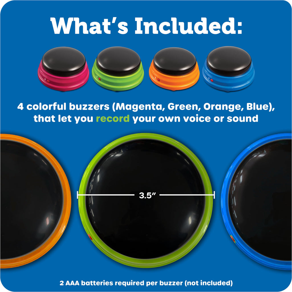 Learning Resources Recordable Answer Buzzers - Set of 4, Ages 3+ | Pre-K Personalized Sound Buzzers, Recordable Buttons, Game Show Buzzers, Perfect for Family Game and Trivia Nights