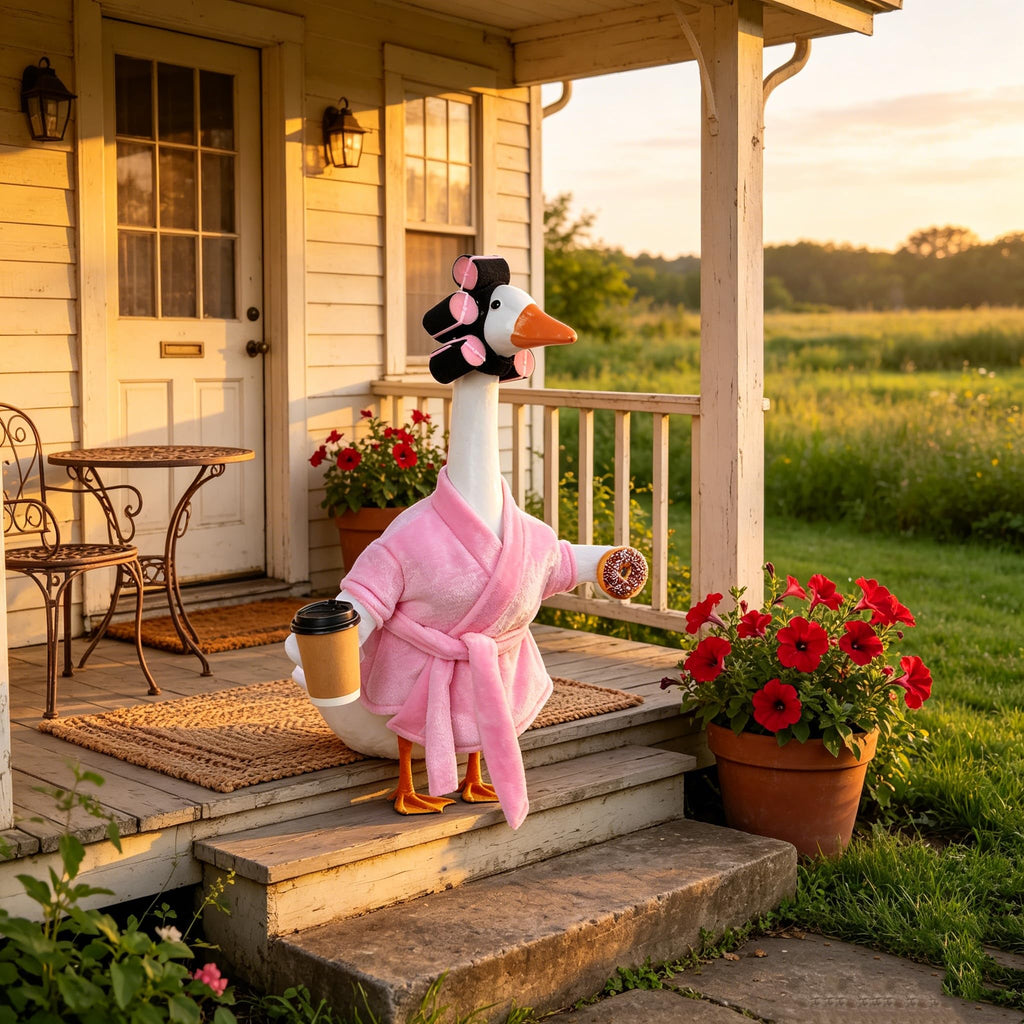 yuboo 23 Inch Pink Lady Porch Goose Outfits, Bathrobe Porch Goose Statue Costume with Cute Curlers and Coffee Cup, Funny Summer Lawn Yard Garden Patio Decor, Cute Goose Clothes Cement