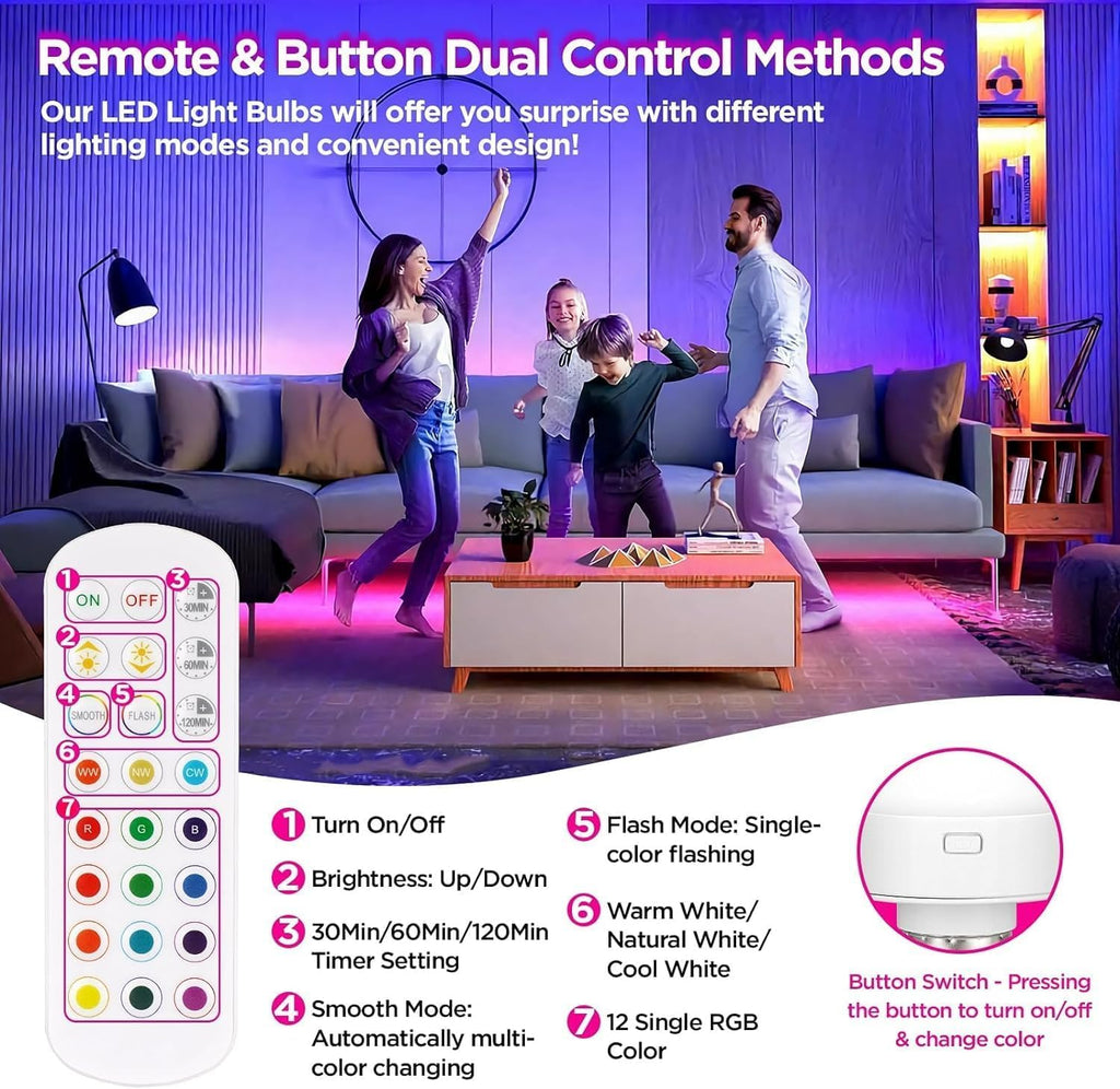 Rechargeable Battery Operated Light Bulb with Remote Control 4 Packs, 350LM Dimmable Detachable LED Bulb with 15 Colors Selectable & 3 Timer, Wireless Puck Light Bulb for Wall Sconce, Non-Hardwired