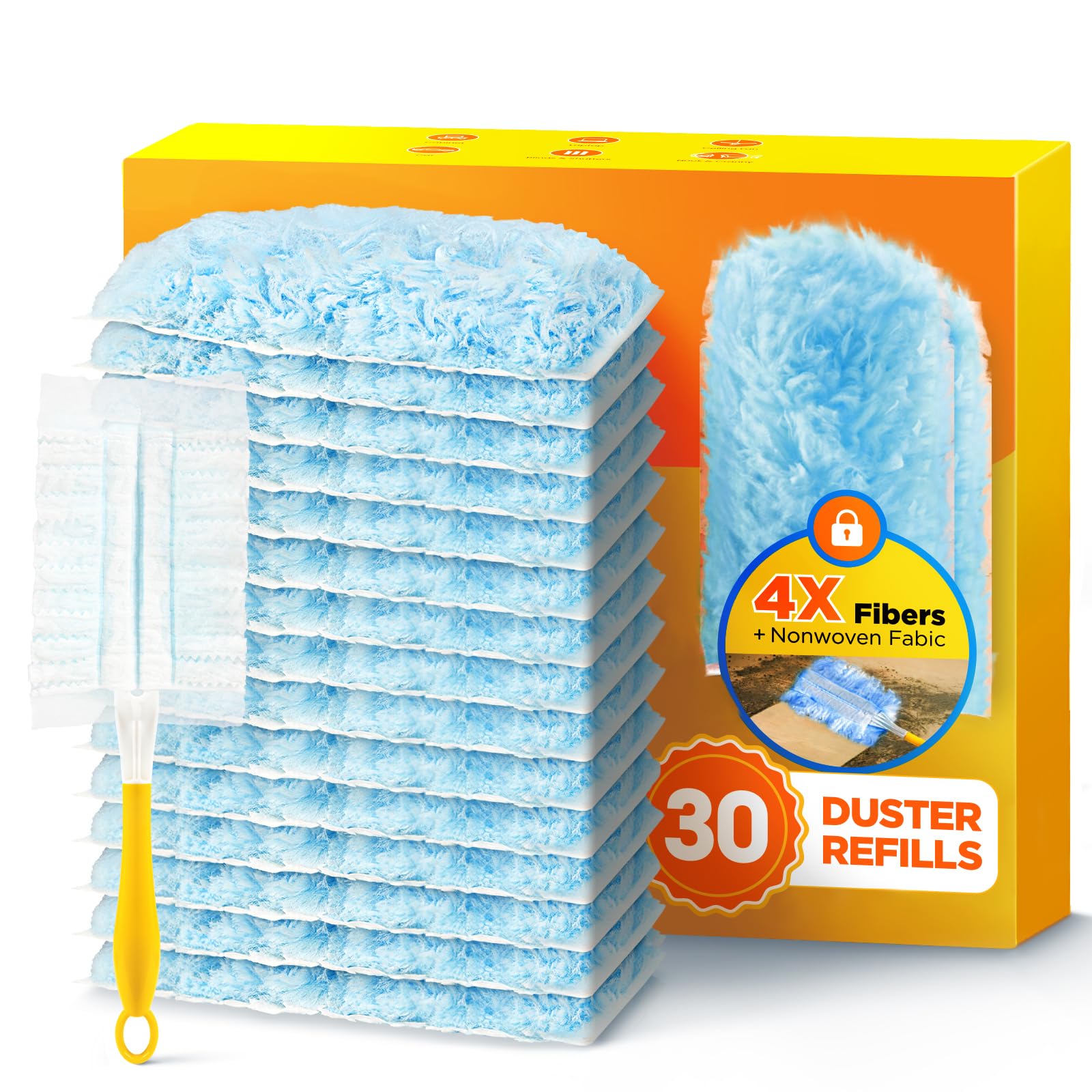 30 Count Duster Refill for Swiffer Duster with 1 Handle, One-Sided Disposable Dusters Refills with 4X Microfibers, Unscented Dusters for Cleaning Home, Furniture, Blinds & Vent