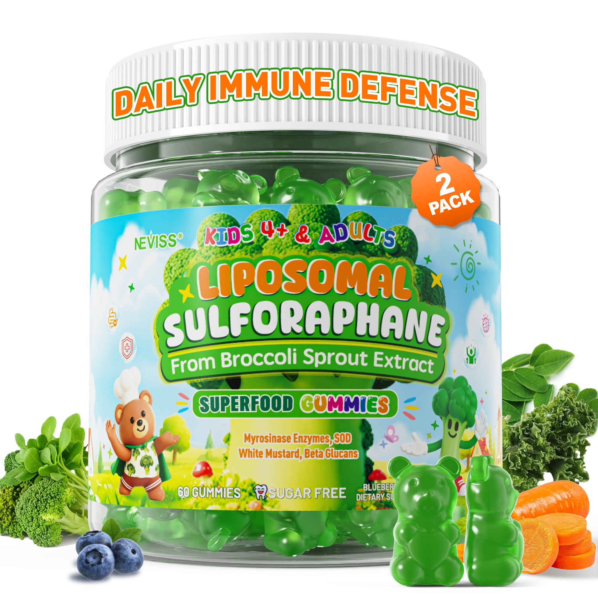 Liposomal Sulforaphane Gummies from Broccoli Sprouts with Superfood, SOD, Beta Glucans, Myrosinase, White Mustard for Kids 4+ & Adults Supports Brain, Cognitive & Focus, Immune, Sugar Free, 120cts