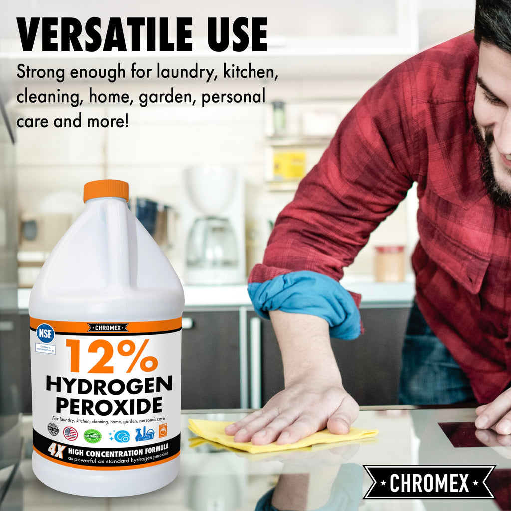 Chromex Hydrogen Peroxide 12 Percent Food Grade, 4X Power Concentrated Solution, Dilutes to 4 Gallons, Versatile Uses Include Topical Care, Home, Kitchen, Bath Cleaner, NSF Certified, 1 Gallon