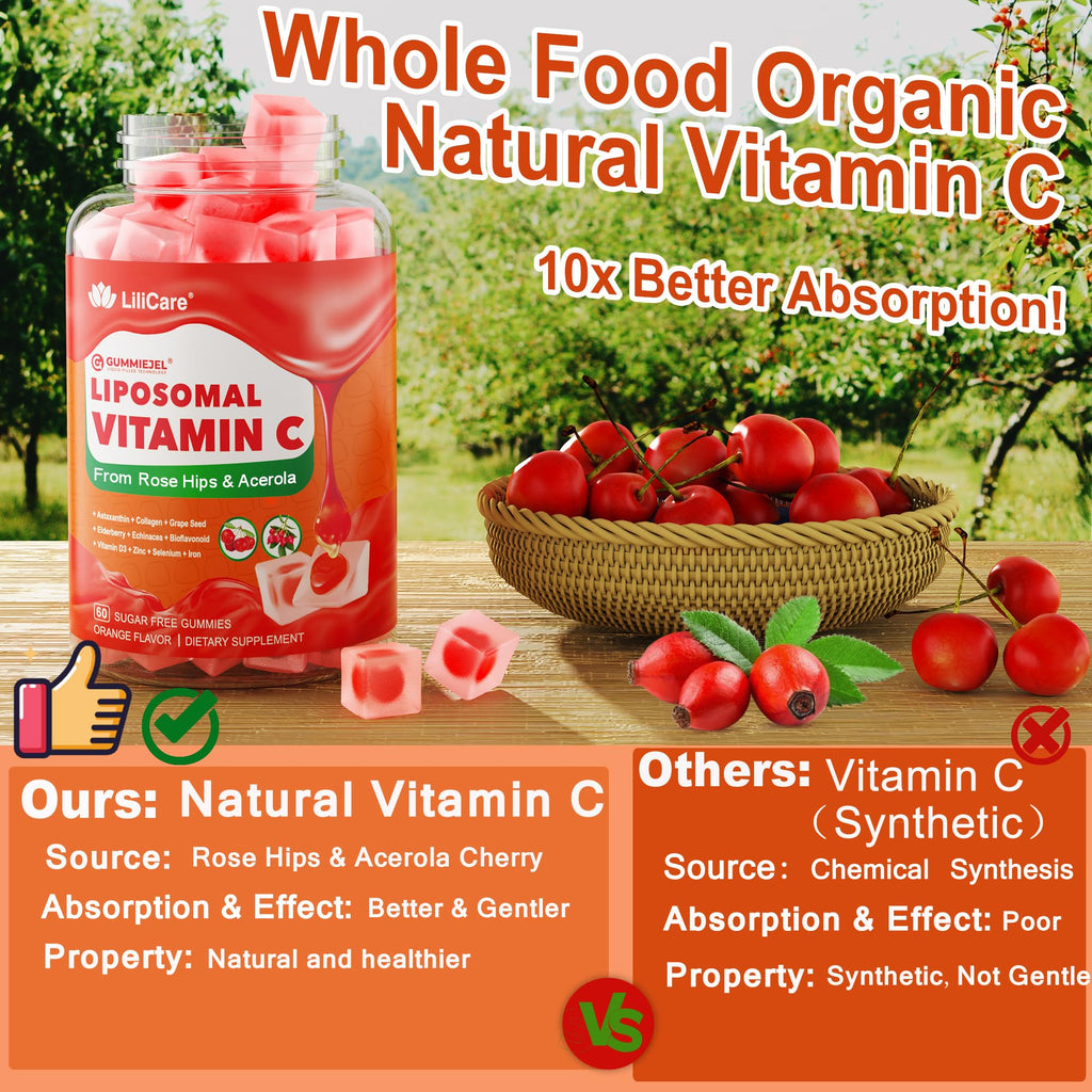Natural Liposomal Vitamin C 1000mg Gummies for Adults Kids 9+, 1660mg Chewable Vitamin C w/ 11mg Zinc, D3, Elderberry, Echinacea, Bioflavonoid, Immune Support - Organic VIT C from Fruits, Sugar Free