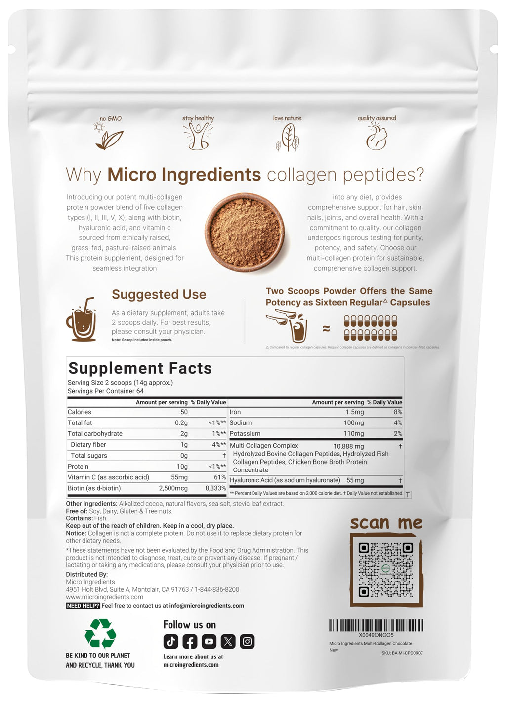 Micro Ingredients Multi Collagen Peptides Powder, 2lb | Type I, II, III, V, X + Biotin, Vitamin C & Hyaluronic Acid | Chocolate Flavor | Supports Hair, Skin & Joint Health | Keto, Non-GMO