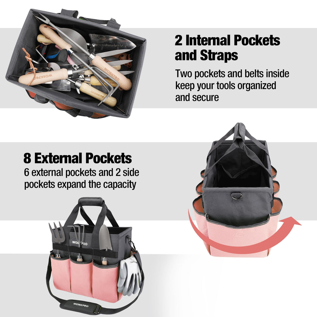 WORKPRO Garden Tool Bag, 10 Pockets and Shoulder Strap, Pink
