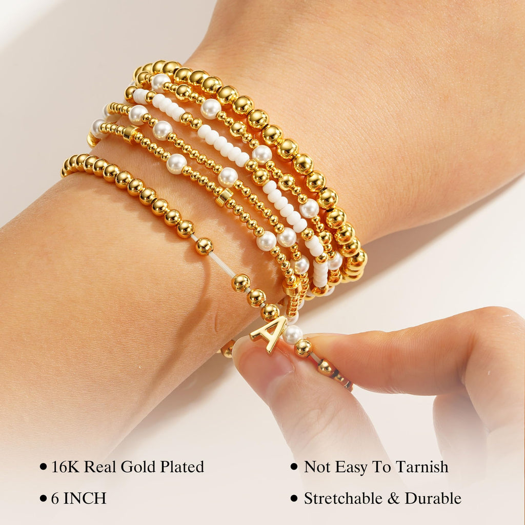 Turandoss 18K Gold Plated Beaded Initial Bracelet for Women Jewelry Gifts