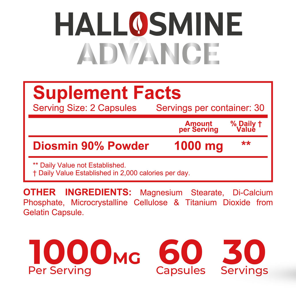 Hallusa Natural Hallosmine Advance 1000mg Diosmin Circulation & Vein Support Supplement, Vascular Health, Visible Veins, Spider Veins, Blood Flow, Swelling & Heavy Legs 60 Count (60 Capsules)